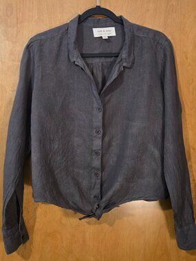 Anthropologie Cloth & Stone 100% Linen Gray Front Tie Shirt Size M Boho Resort